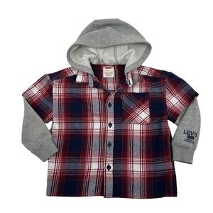 Levi’s Kids Plaid Flannel Shacket Hoodie Red Gray Navy 4XS